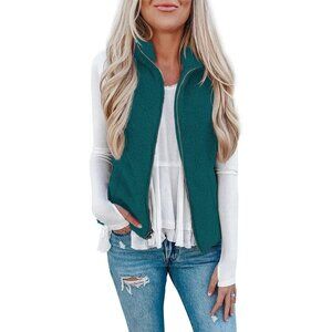Women's Green Sherpa Fleece Jacket Lightweight Vest Cozy Sleeveless Cardigan